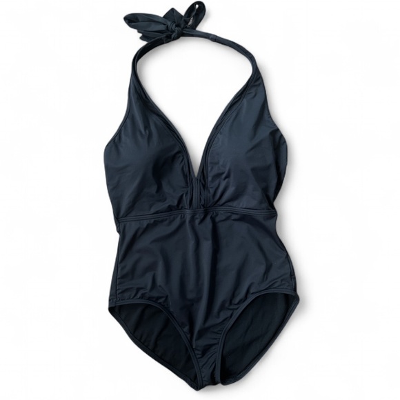 Tommy Bahama Other - TOMMY BAHAMA Black Plunge Neck Halter Mesh Trim One Piece Swimsuit Minimalist 12